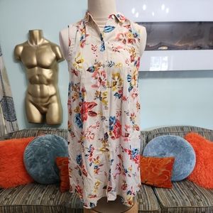 Beach Lunch Lounge Shirt Dress Women's Size S Cream Floral Sleeveless Fall boho.